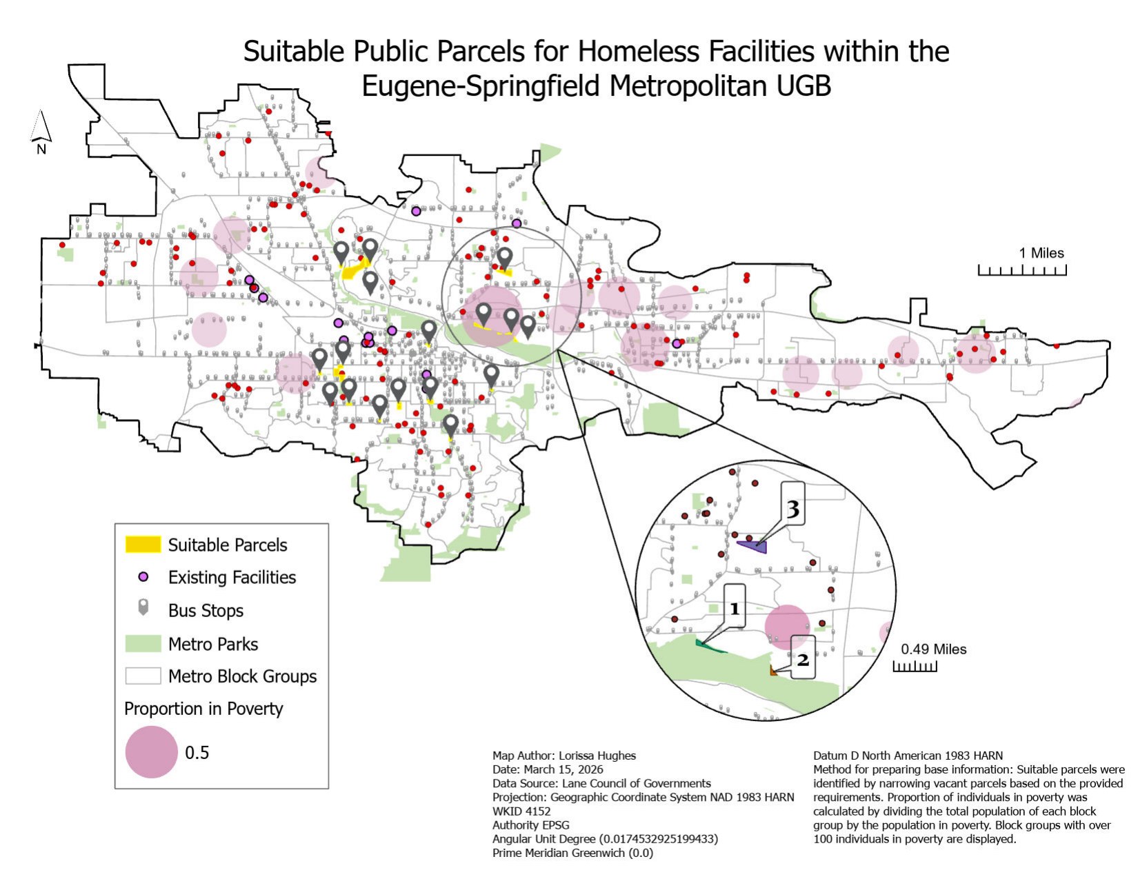 Map of suitable public parcels for homelessness facilities in the Eugene-Springfield metropolitan urban growth boundary