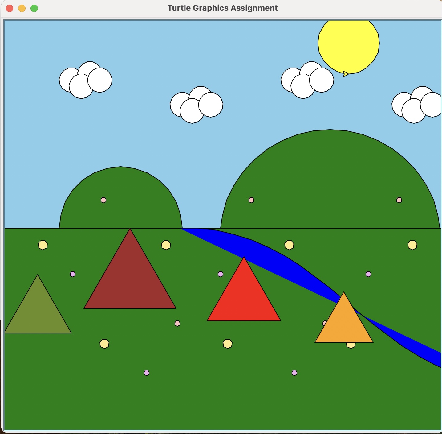 Python Turtle camping scene with hills, clouds, sun, flowers, river, and tents